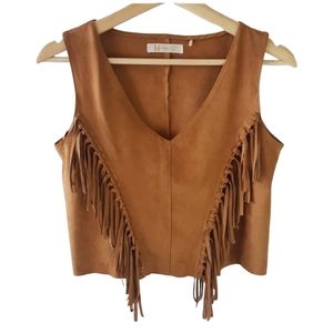 BH Indian Western Rodeo Fringe Crop Top Size S BOHO Hippy TX Cowgirl Faux Suede
